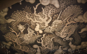 Twin dragons, Kennin-Ji temple ceiling, Kyoto, Japan