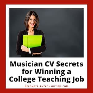 image of smiling music teaching holding a folder in front of a blackboard.