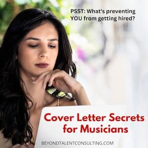 image of woman at a lap top with the caption "cover letter secrets for musicians"