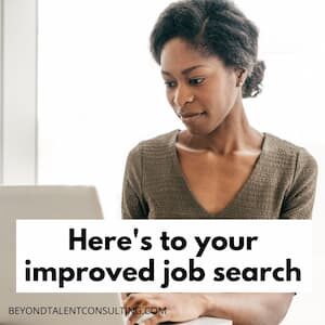 Image of woman working at laptop with the caption "Here's to your improved job search"